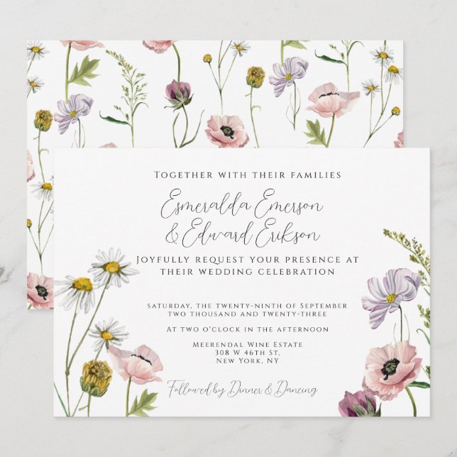 Invitación Boda simple Rubor Pink Wild Flower Garden (Anverso / Reverso)