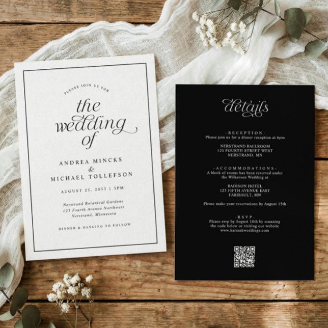 Invitación Boda Simple Todo en Uno Negro y Blanco (Elegant black and white wedding invitation with calligraphy, simple border, and QR code.)