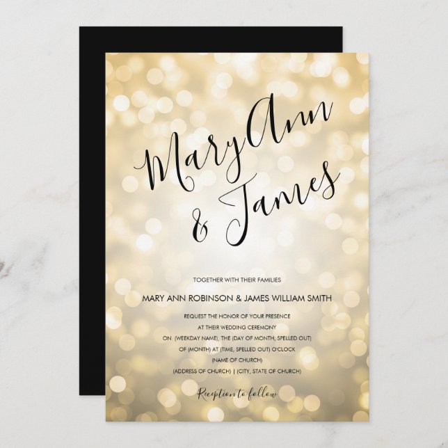 Invitación Boda simple Typography Gold Champagne Luces (Anverso / Reverso)