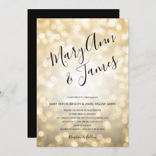 Invitación Boda simple Typography Gold Champagne Luces