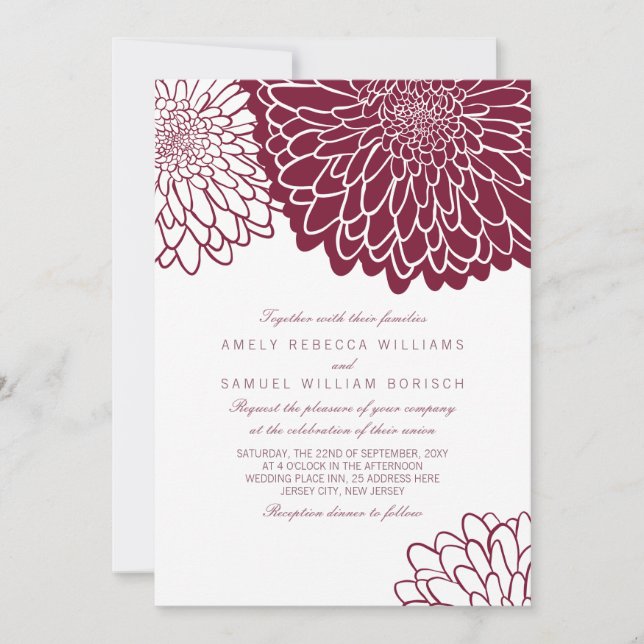 Invitación Boda Simple y Elegante con Crisantemo de Borgoña (Anverso)