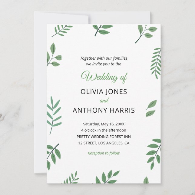Invitación Boda Simple y Elegante con Hojas de Vegetación Bot (Anverso)