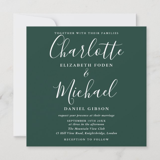 Invitación Boda Simple y Elegante con Letra Script Verde Esme (Anverso)