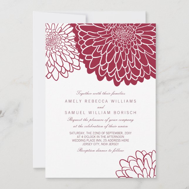Invitación Boda Simple y Elegante Crisantemo de Borgoña 1 (Anverso)