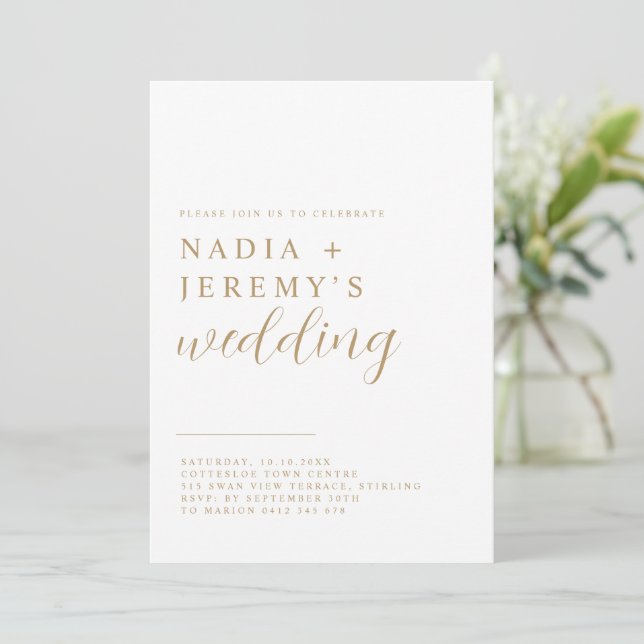 Invitación Boda Simple y Elegante de Blanco y Dorado (Anverso de pie)