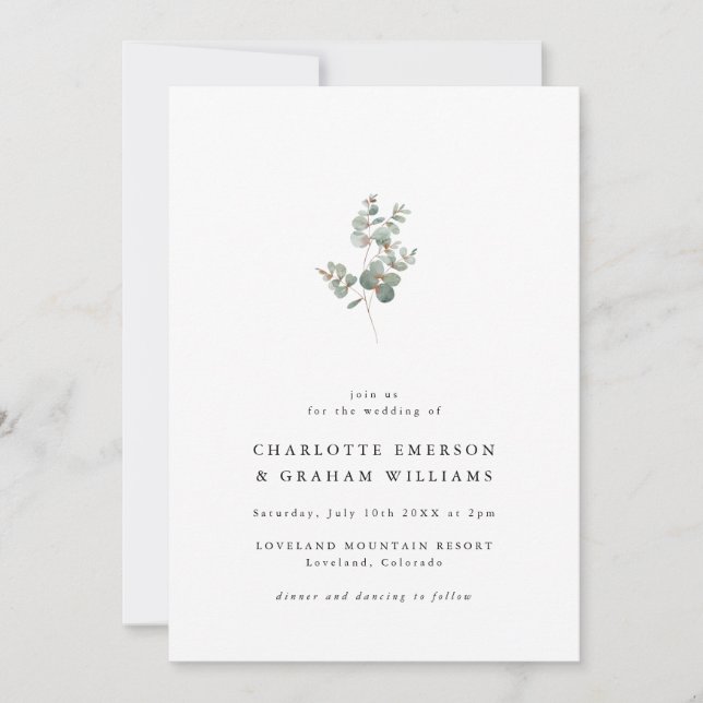 Invitación Boda Simple y Elegante de Eucalipto (Anverso)