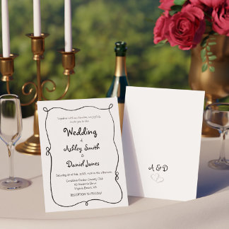Invitación Boda Simple y Quirky Dibujada a Mano en Blanco y N