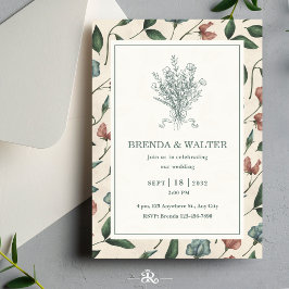 Invitación Boda Sketch de Flor Silvestre Rústica Crema Elegan