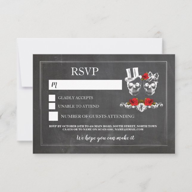 Invitación Boda Skulls RSVP Rosas de cráneo Chalks (Anverso)