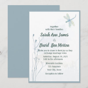 Invitación Boda Slate Blue Dragonfly de vegetación simple