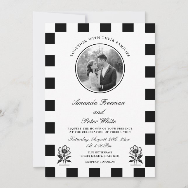 Invitación Boda Sleek Black & White Photo Checkerboard (Anverso)