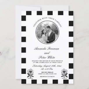 Invitación Boda Sleek Black & White Photo Checkerboard