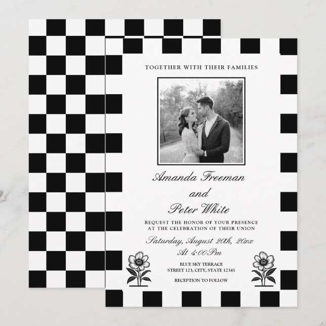 Invitación Boda Sleek Black & White Photo Checkerboard (Anverso / Reverso)