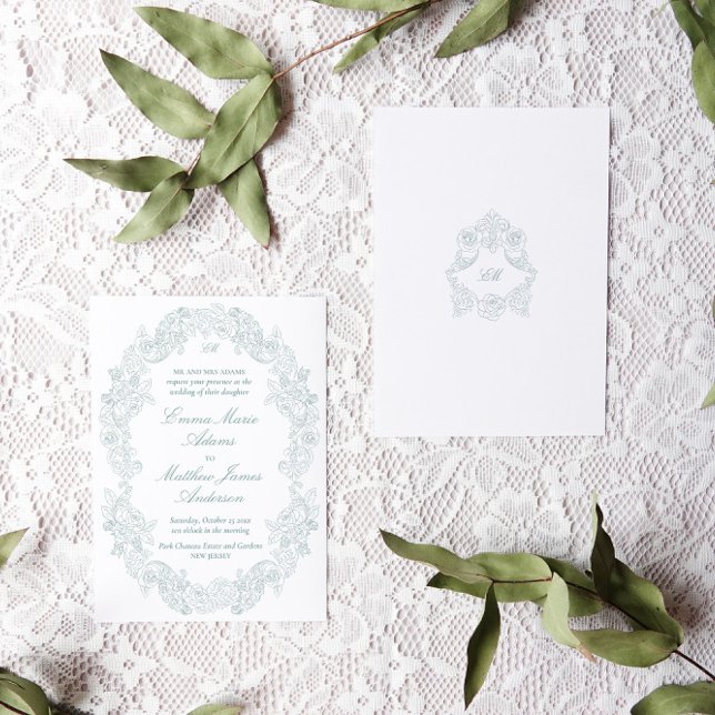 Invitación Boda Sofisticada Clásica Regencia Escritura Azul (dusty blue and white victorian rococo wedding invitation with botanical crest & floral illustrations)