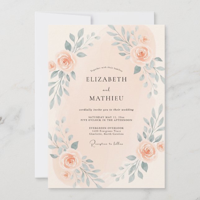 Invitación Boda Sofisticada de Durazno y Pizarra con Hojas (Anverso)