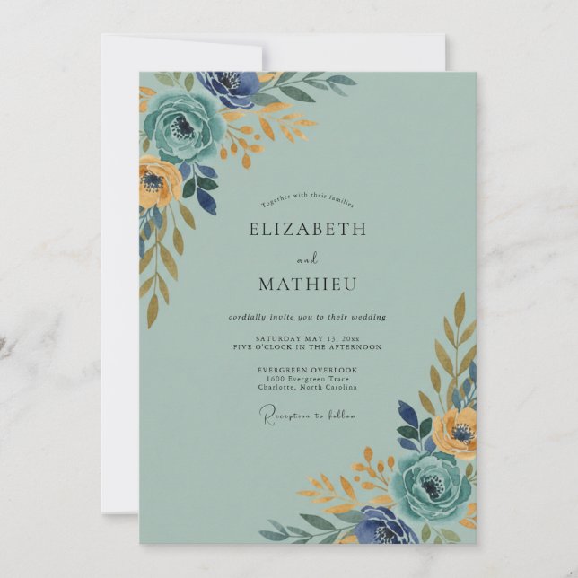 Invitación Boda Sofisticada Indigo con Hojas de Oro (Anverso)