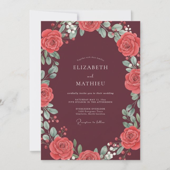 Invitación Boda Sofisticada Rosa Burgundy (Anverso)