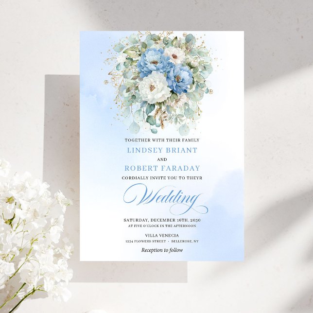 Invitación Boda Soft Boho Polvo Azul Blanco Peonía Verde (Soft Boho Dusty Blue White Peony Greenery Wedding)