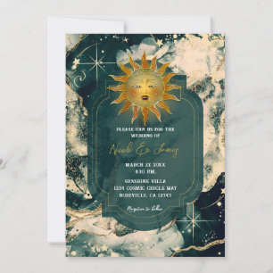 Invitación Boda Sol Fuego Celestial Dorado Acuarela Verdeazul