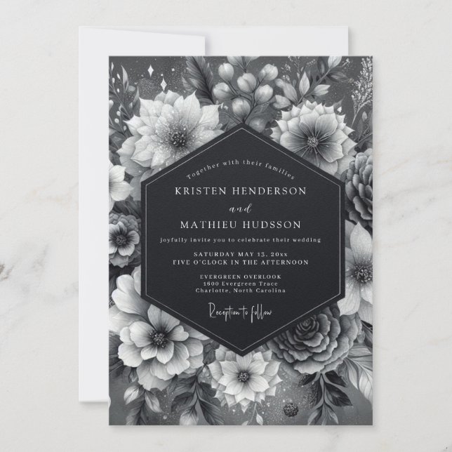Invitación Boda Sombría Flor de Grafito (Anverso)