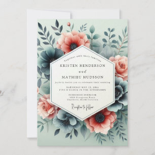 Invitación Boda Sombría Flor Teal Melocotón