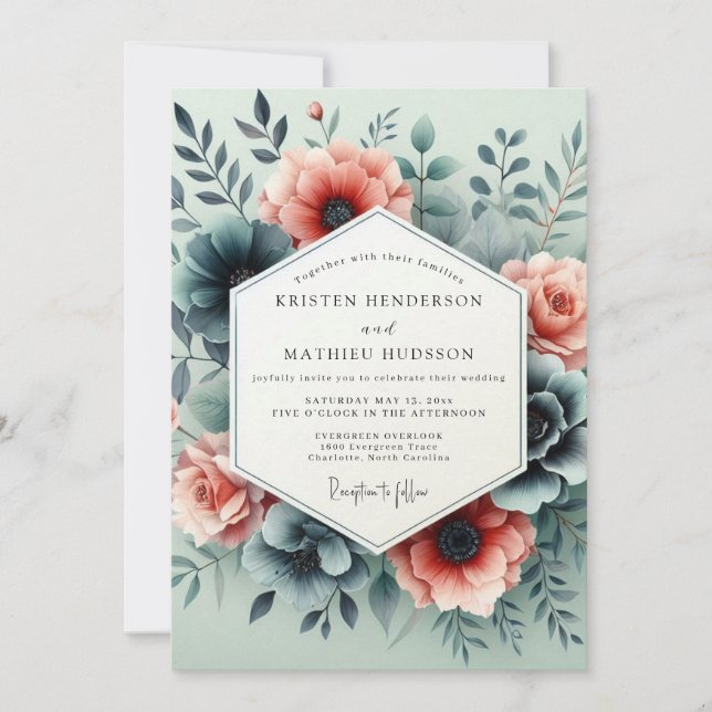 Invitación Boda Sombría Flor Teal Melocotón (Anverso)