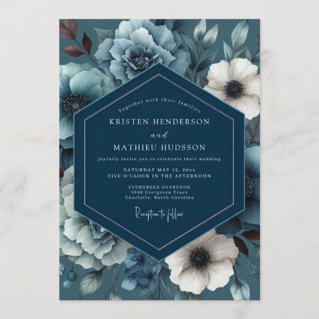 Invitación Boda sombría y azul turquesa (Anverso)
