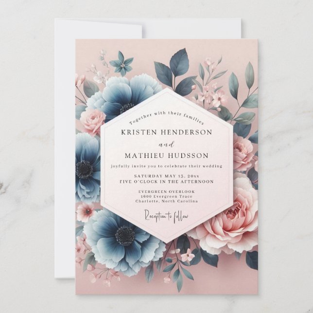 Invitación Boda Soñada Acuarela Azul Rubor (Anverso)