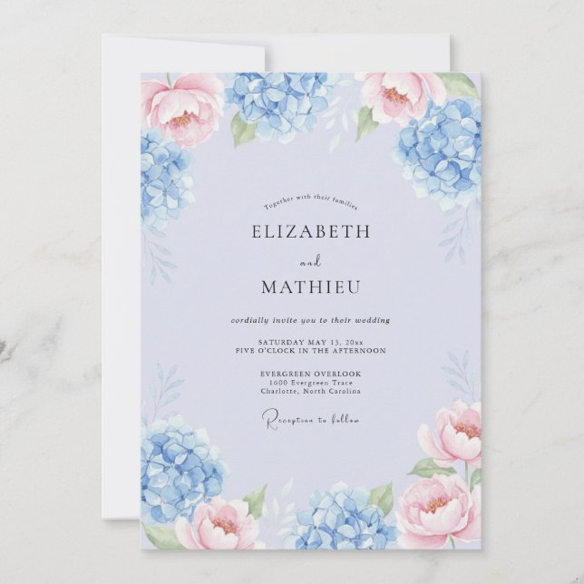 Invitación Boda soñada de primavera azul cielo con temática b (Anverso)