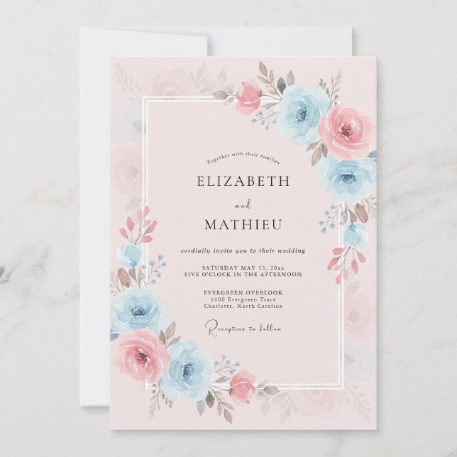 Invitación Boda soñada de primavera en azul pastel (Anverso)