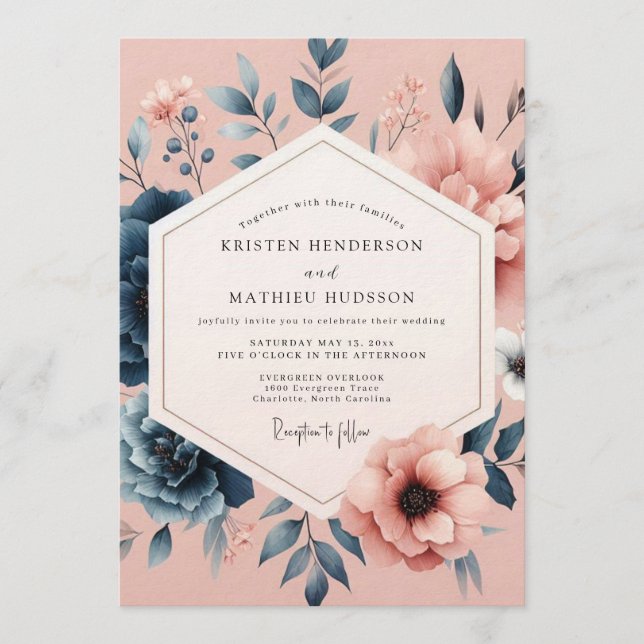 Invitación Boda Soñadora Flora Rubor de Pizarra (Anverso)