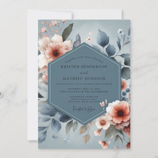 Invitación Boda Soñadora Melocotón Azul Pizarra (Anverso)