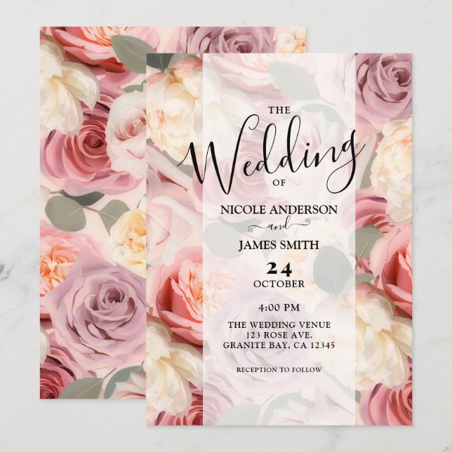 Invitación Boda Soñadora Rosa Floral Elegante Estilo Shabby C (Anverso / Reverso)