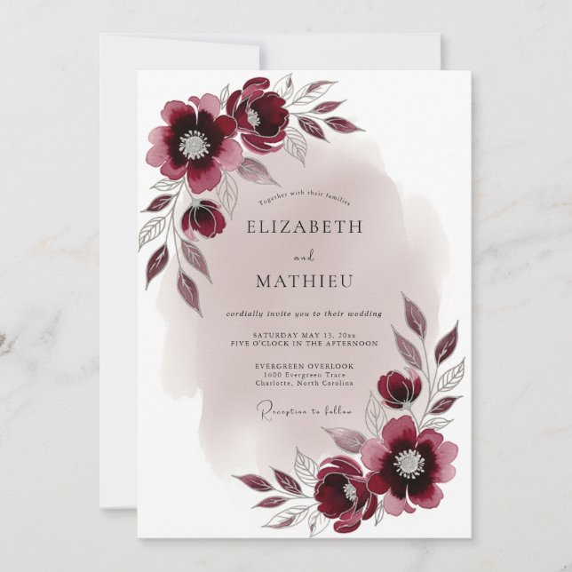 Invitación Boda soñadora y romántica de Borgoña (Anverso)