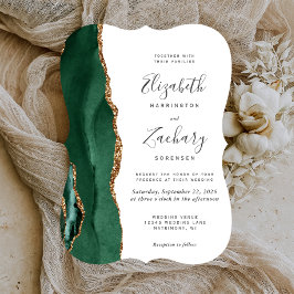 Invitación Boda Soporte Oscuro Ágata Oro Verde Esmeralda Chic