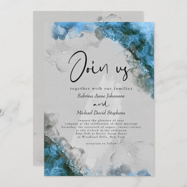 Invitación BODA | Sorprendente resumen de tinta de agua azul  (Anverso / Reverso)