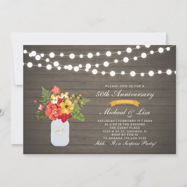 Invitación Boda Sorpresa Aniversario de Madera Rústica 50º (Anverso)