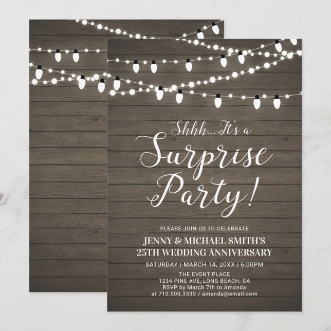 Invitación Boda Sorpresa Aniversario Fiesta de Madera Rústica (Anverso / Reverso)