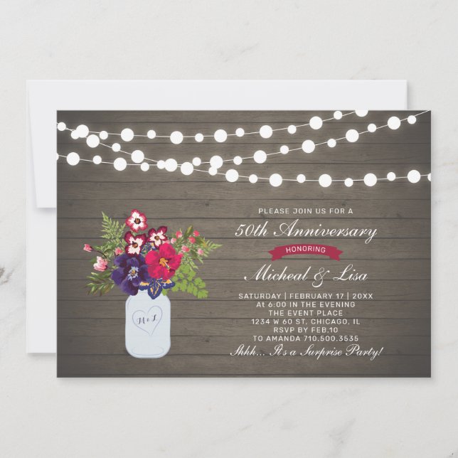 Invitación Boda Sorpresa Rustica de Madera 50 Aniversario (Anverso)