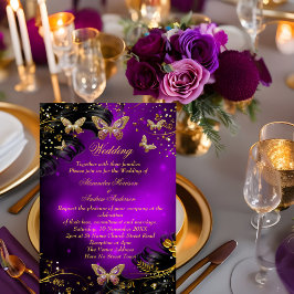 Invitación Boda Sparkle morado Oro Mariposa negra