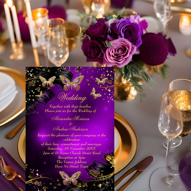 Invitación Boda Sparkle morado Oro Mariposa negra (Subido por el creador)