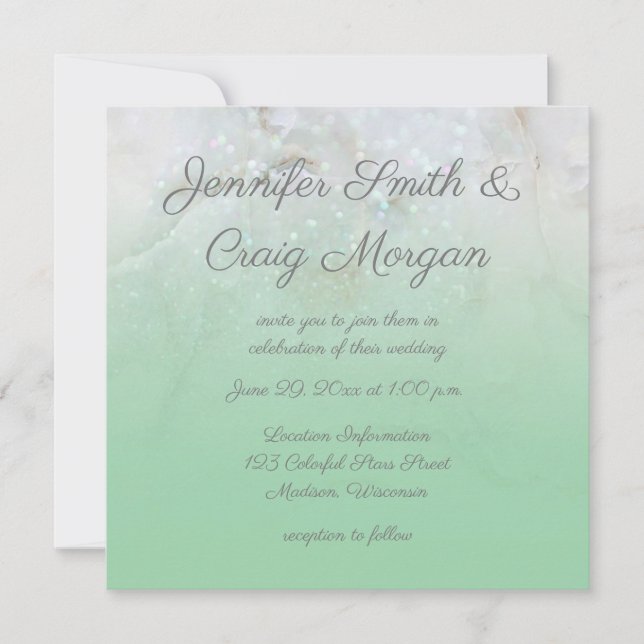 Invitación Boda Sparkly Marble Mint Green Ombre (Anverso)
