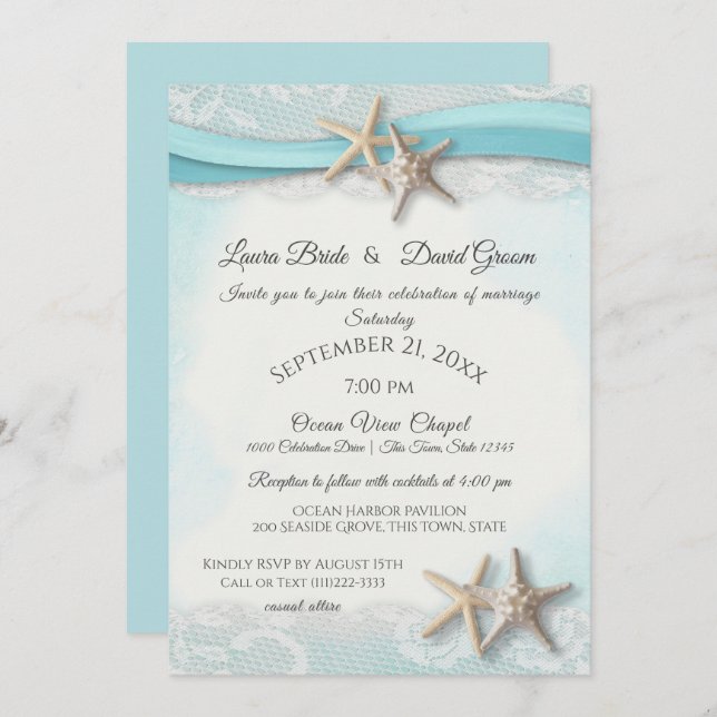 Invitación Boda Starfish and Lace Beach Ocean Blue (Anverso / Reverso)
