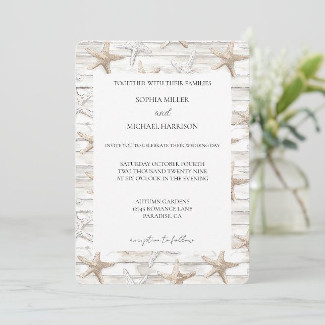 Invitación Boda Starfish Beach con crema blanca (Anverso de pie)