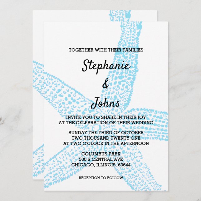 Invitación Boda Starfish Nautical Blue White Beach Cute (Anverso / Reverso)