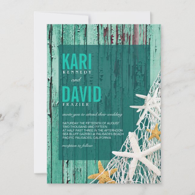 Invitación Boda Starfish Netting Beach Wood| aqua (Anverso)