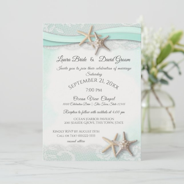 Invitación Boda Starfish Tropical Vintage Beach Mint (Anverso de pie)