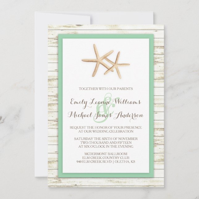Invitación Boda Starfish Whitewashed Wood Beach - Casa (Anverso)