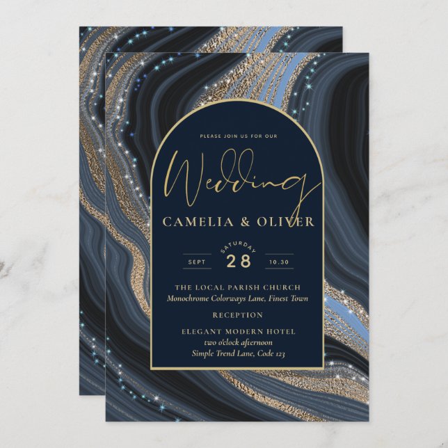Invitación Boda STARRY NIGHT de la Marina LeahG Blue Gold Aga (Anverso / Reverso)