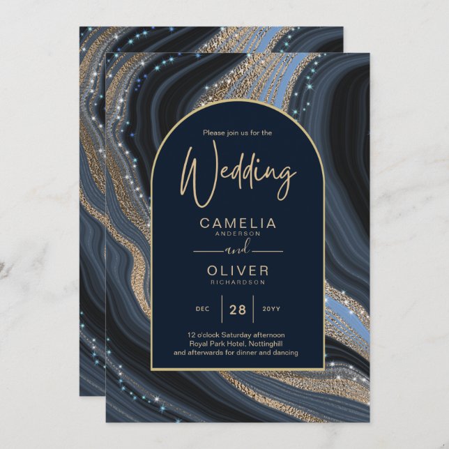 Invitación Boda STARRY NIGHT de la Marina LeahG Blue Gold Aga (Anverso / Reverso)